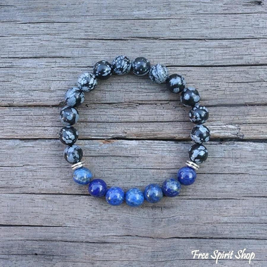 108 Natural Snowflake Obsidian & Lapis Lazuli Mala Prayer Beads necklace / bracelet - Free Spirit Shop