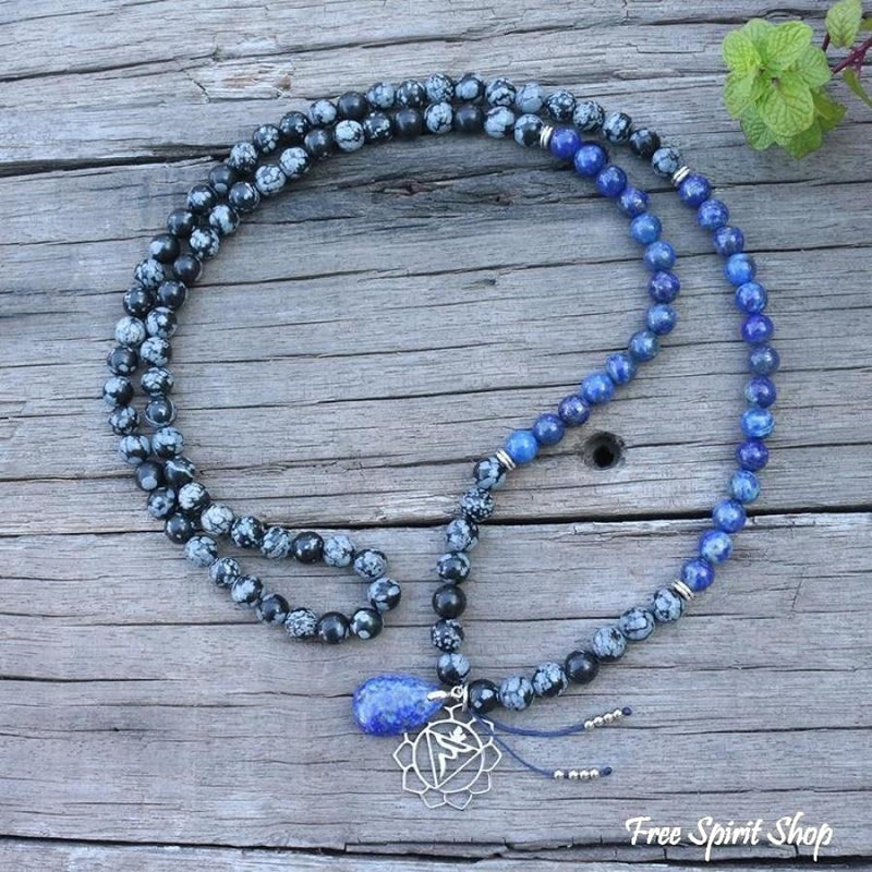 108 Natural Snowflake Obsidian & Lapis Lazuli Mala Prayer Beads neckla