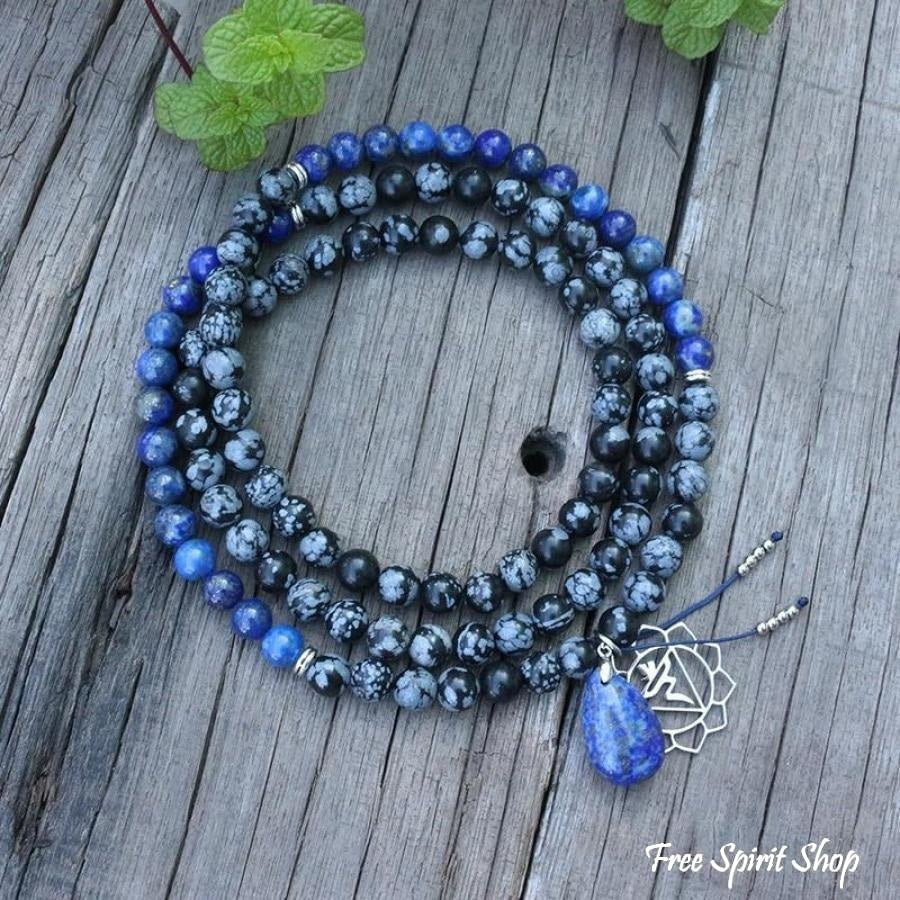 108 Natural Snowflake Obsidian & Lapis Lazuli Mala Prayer Beads necklace / bracelet - Free Spirit Shop