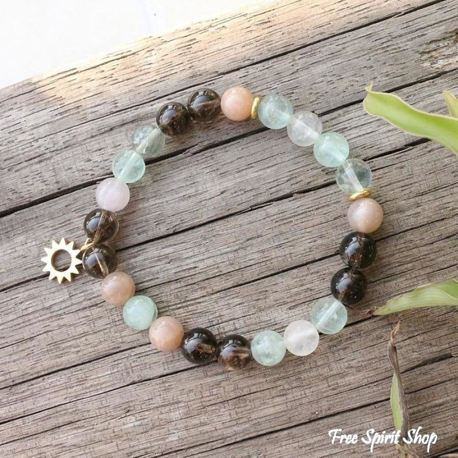 108 Natural Sunstone Fluorite & Smoky Quartz Mala Bead Necklace / Bracelet - Free Spirit Shop