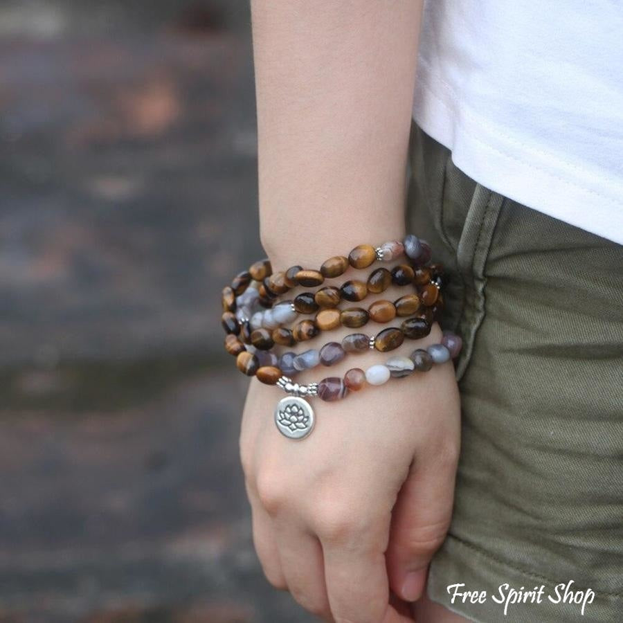 108 Natural Tiger Eye & Botswana Agate Mala Beads - Free Spirit Shop