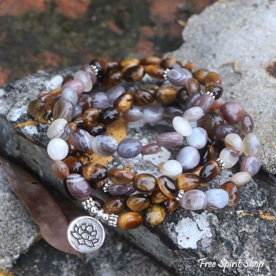 108 Natural Tiger Eye & Botswana Agate Mala Beads - Free Spirit Shop