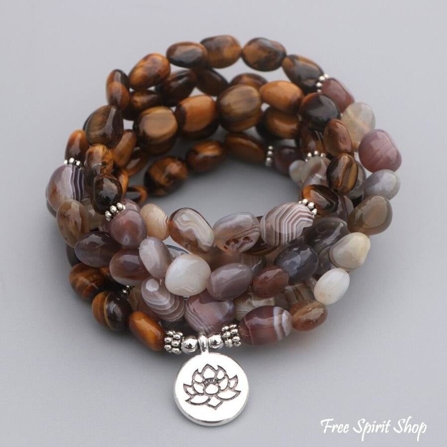 108 Natural Tiger Eye & Botswana Agate Mala Beads - Free Spirit Shop