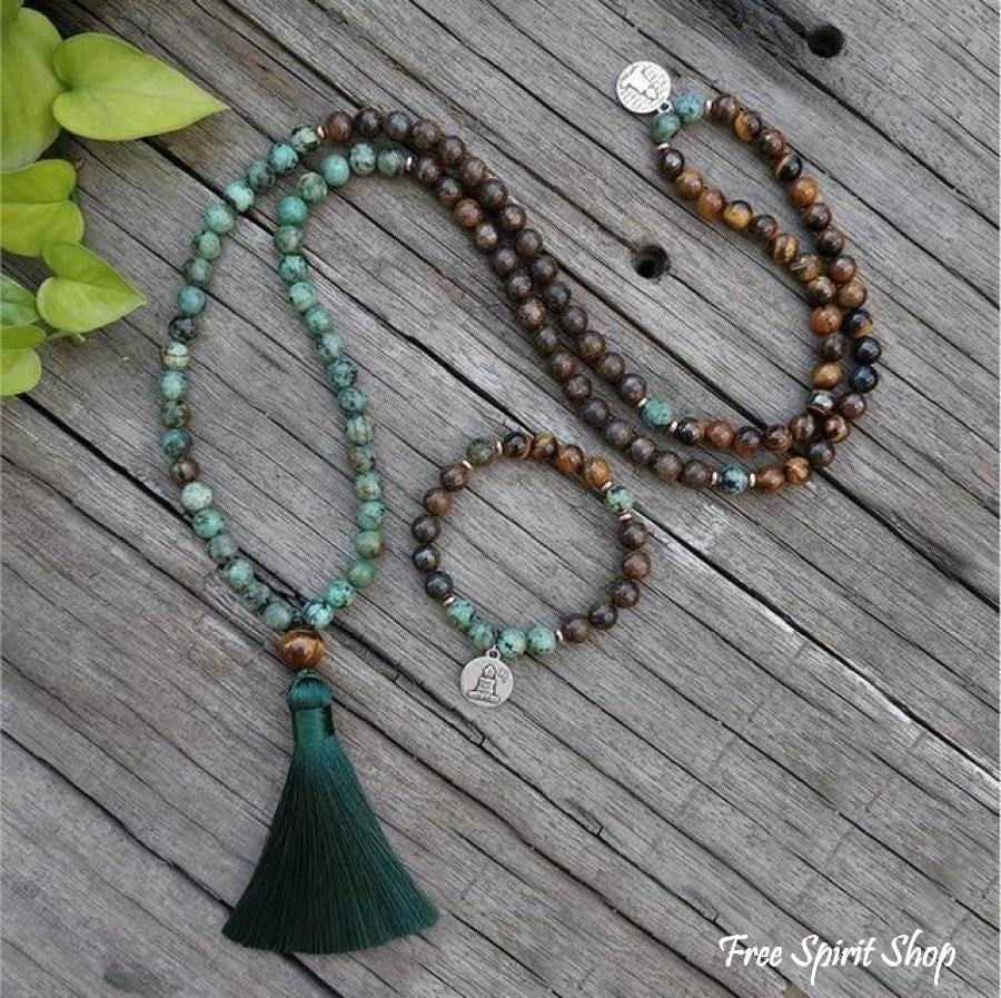 108 Natural Tiger Eye Bronzite & African Turquoise Mala Beads - Free Spirit Shop