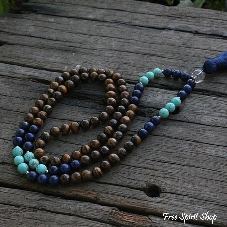 108 Natural Tiger Eye & Lapis Lazuli Mala Beads Necklace - Free Spirit Shop