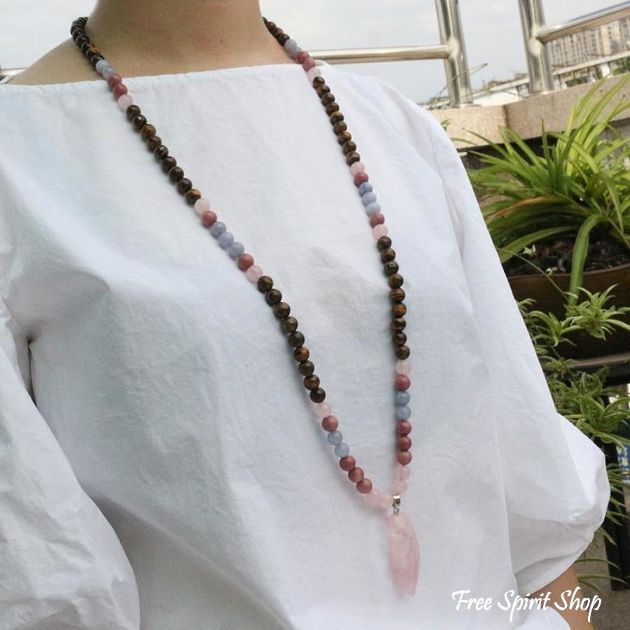 108 Natural Tiger Eye Rose Quartz Rhodonite Mala Bead Necklace - Free Spirit Shop