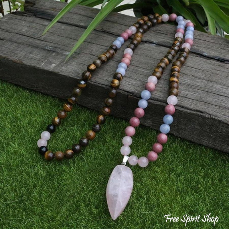 108 Natural Tiger Eye Rose Quartz Rhodonite Mala Bead Necklace