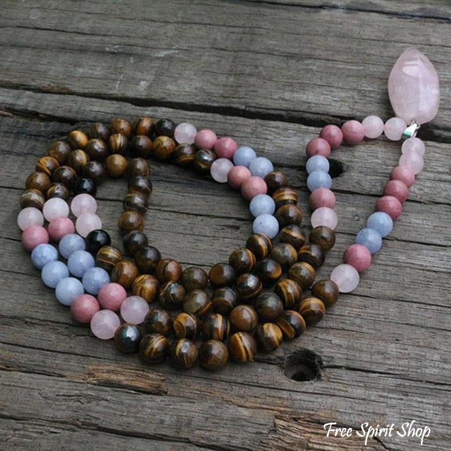 108 Natural Tiger Eye Rose Quartz Rhodonite Mala Bead Necklace - Free Spirit Shop