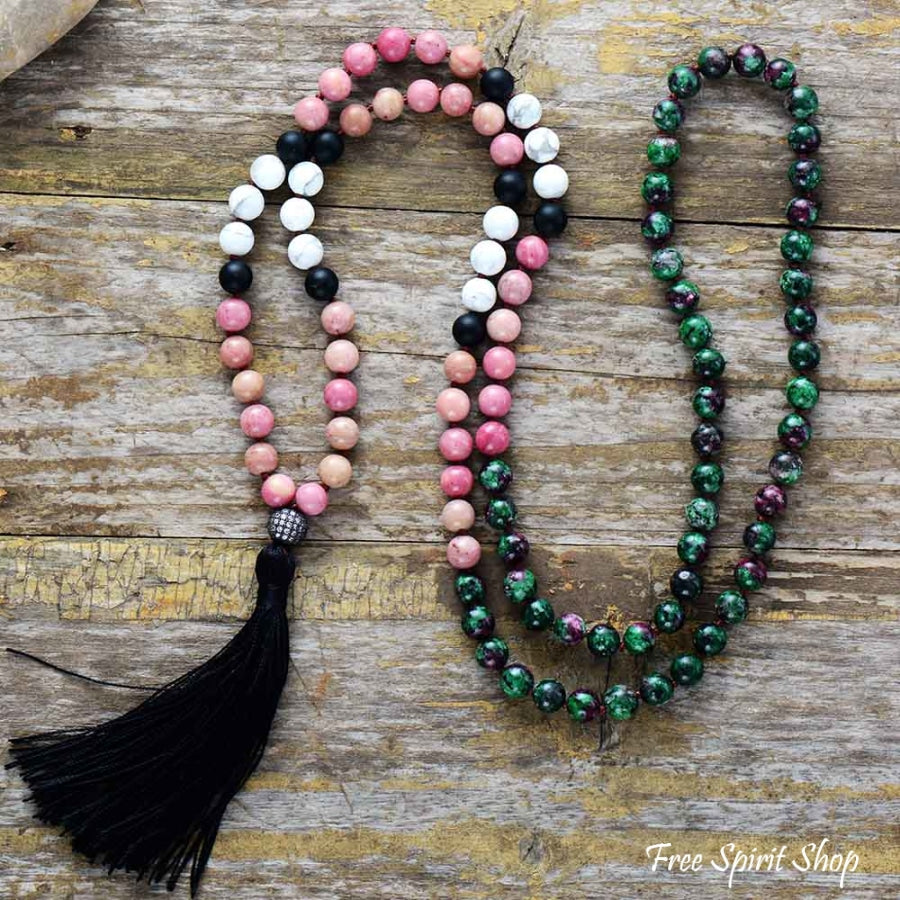 108 Rhodonite Green Stone & Howlite Mala Bead Necklace - Free Spirit Shop