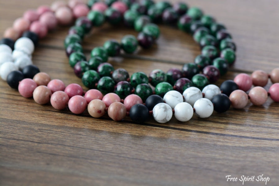 108 Rhodonite Green Stone & Howlite Mala Bead Necklace - Free Spirit Shop