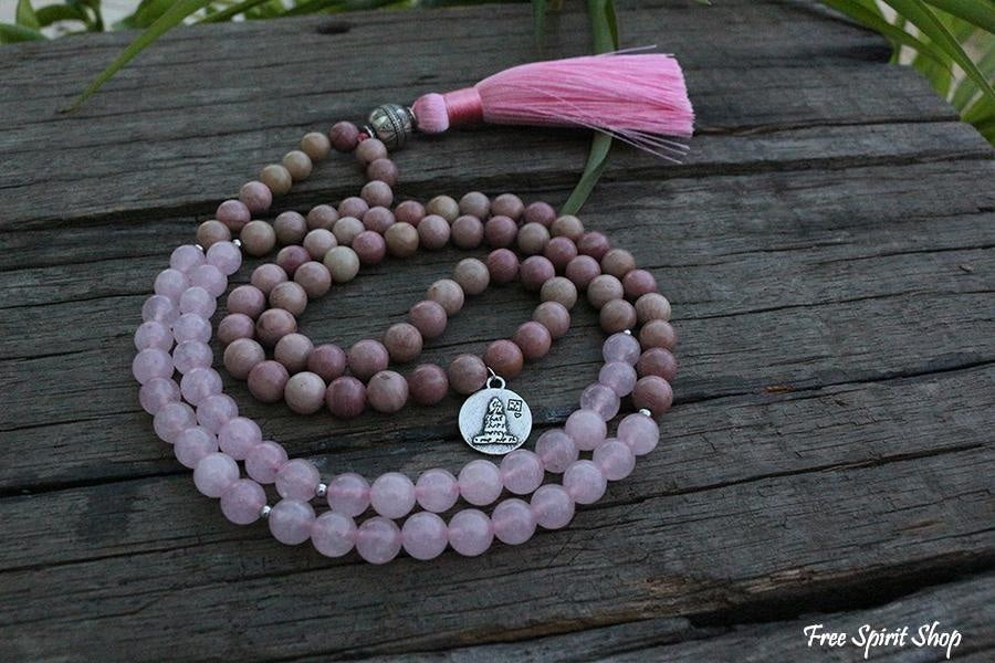 108 Rhodonite & Rose Quartz Mala Beads Necklace - Free Spirit Shop
