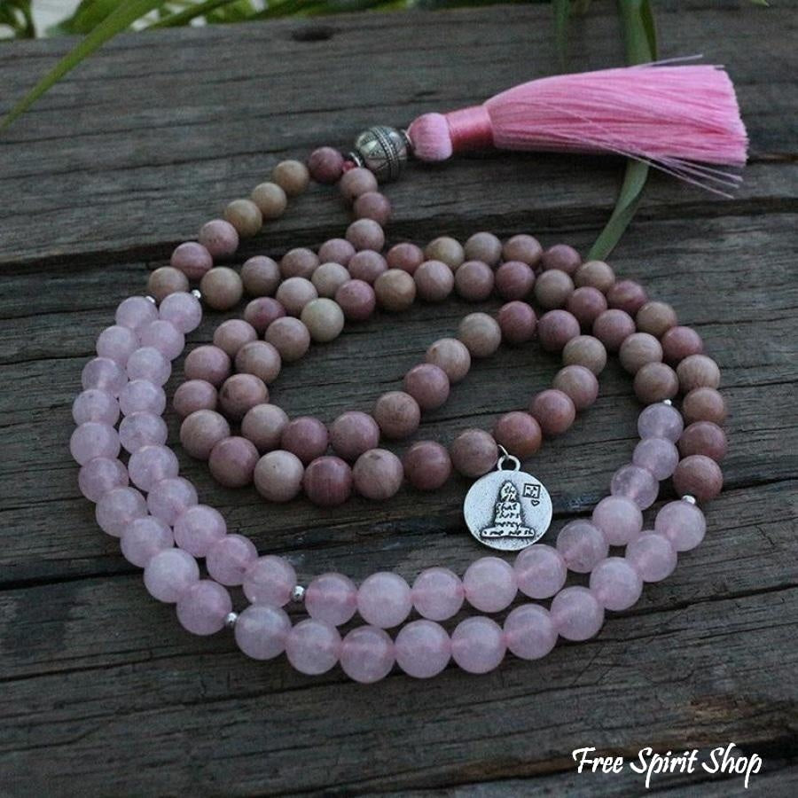 108 Rhodonite & Rose Quartz Mala Beads Necklace - Free Spirit Shop
