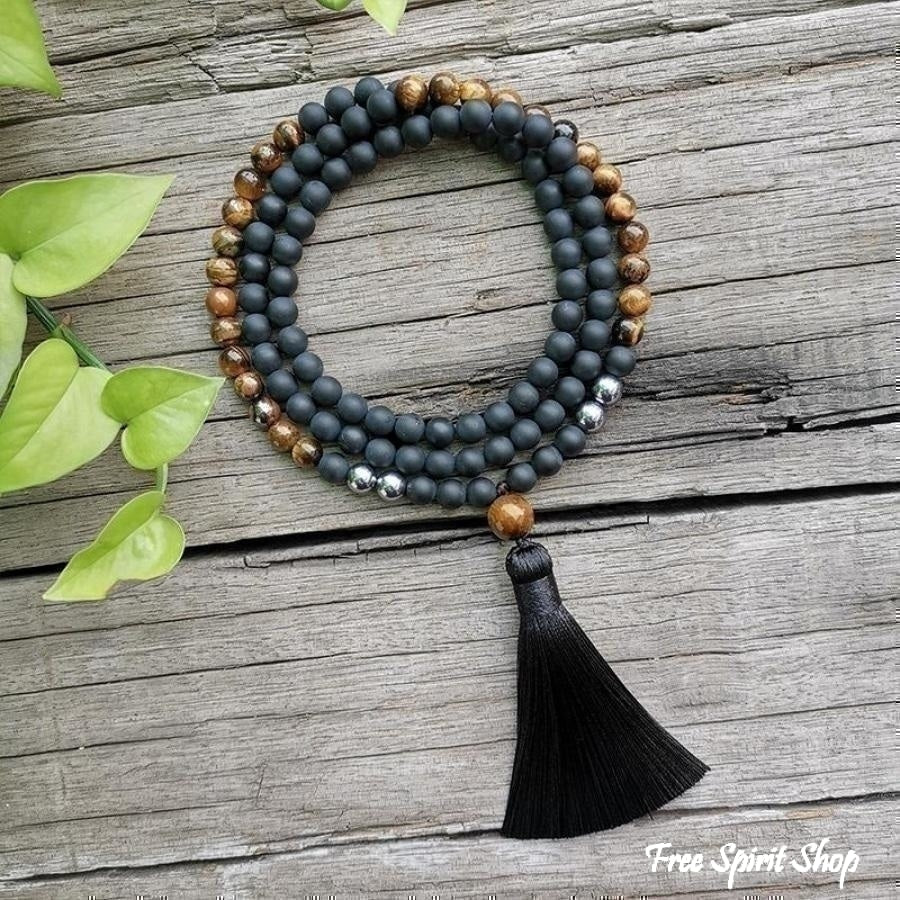 108 Tiger Eye & Matte Black Onyx Mala Bead Necklace - Free Spirit Shop