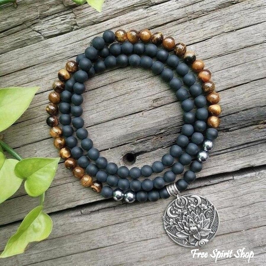 108 Tiger Eye & Matte Black Onyx Mala Bead Necklace - Free Spirit Shop