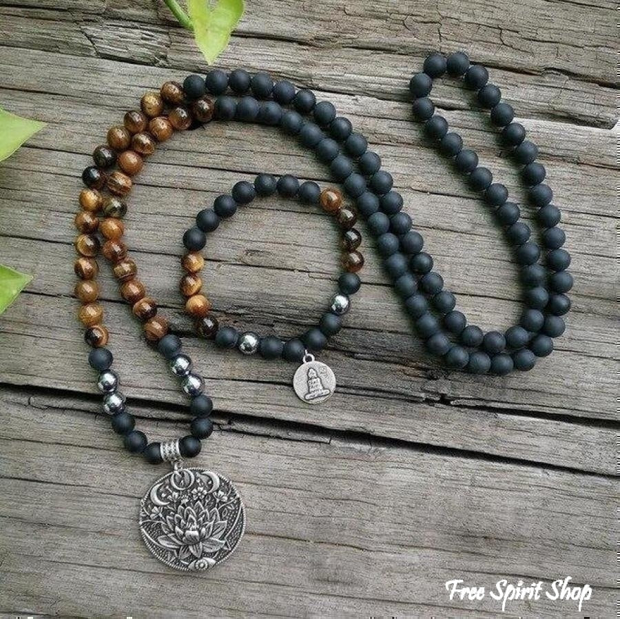 108 Tiger Eye & Matte Black Onyx Mala Bead Necklace - Free Spirit Shop