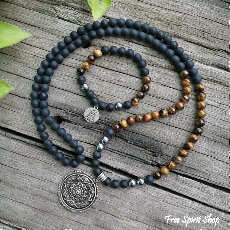 108 Tiger Eye & Matte Black Onyx Mala Bead Necklace - Free Spirit Shop