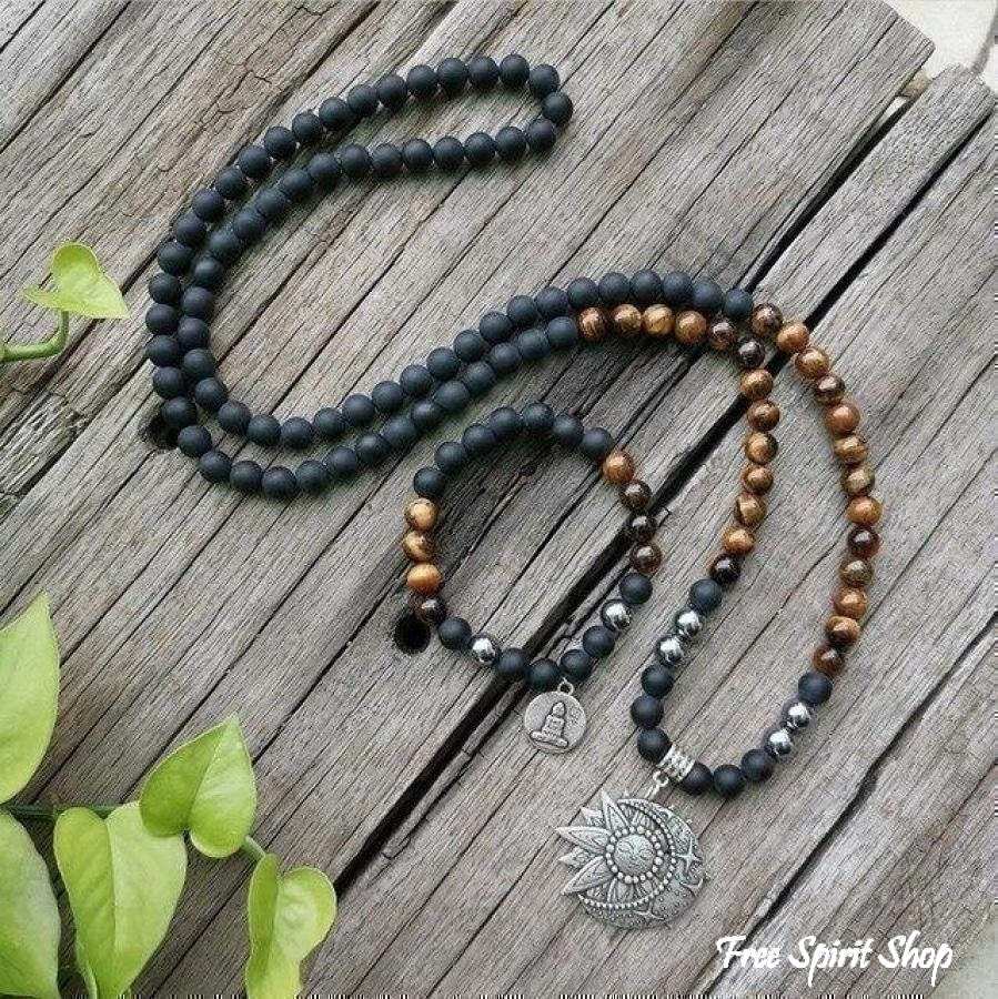 108 Tiger Eye & Matte Black Onyx Mala Bead Necklace - Free Spirit Shop