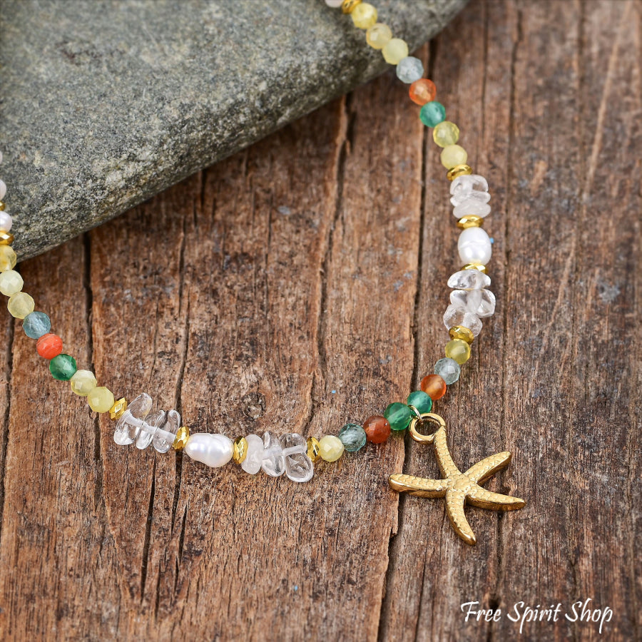 Natural Citrine & Pearl Beaded Anklet with Starfish Charm