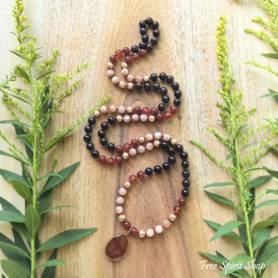 108 Natural Carnelian Garnet & Sunstone Mala Bead Necklace Jewelry > Gemstone Bead Necklace > 108 Mala Bead Necklace