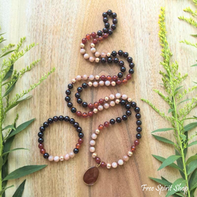108 Natural Carnelian Garnet & Sunstone Mala Bead Necklace Jewelry > Gemstone Bead Necklace > 108 Mala Bead Necklace