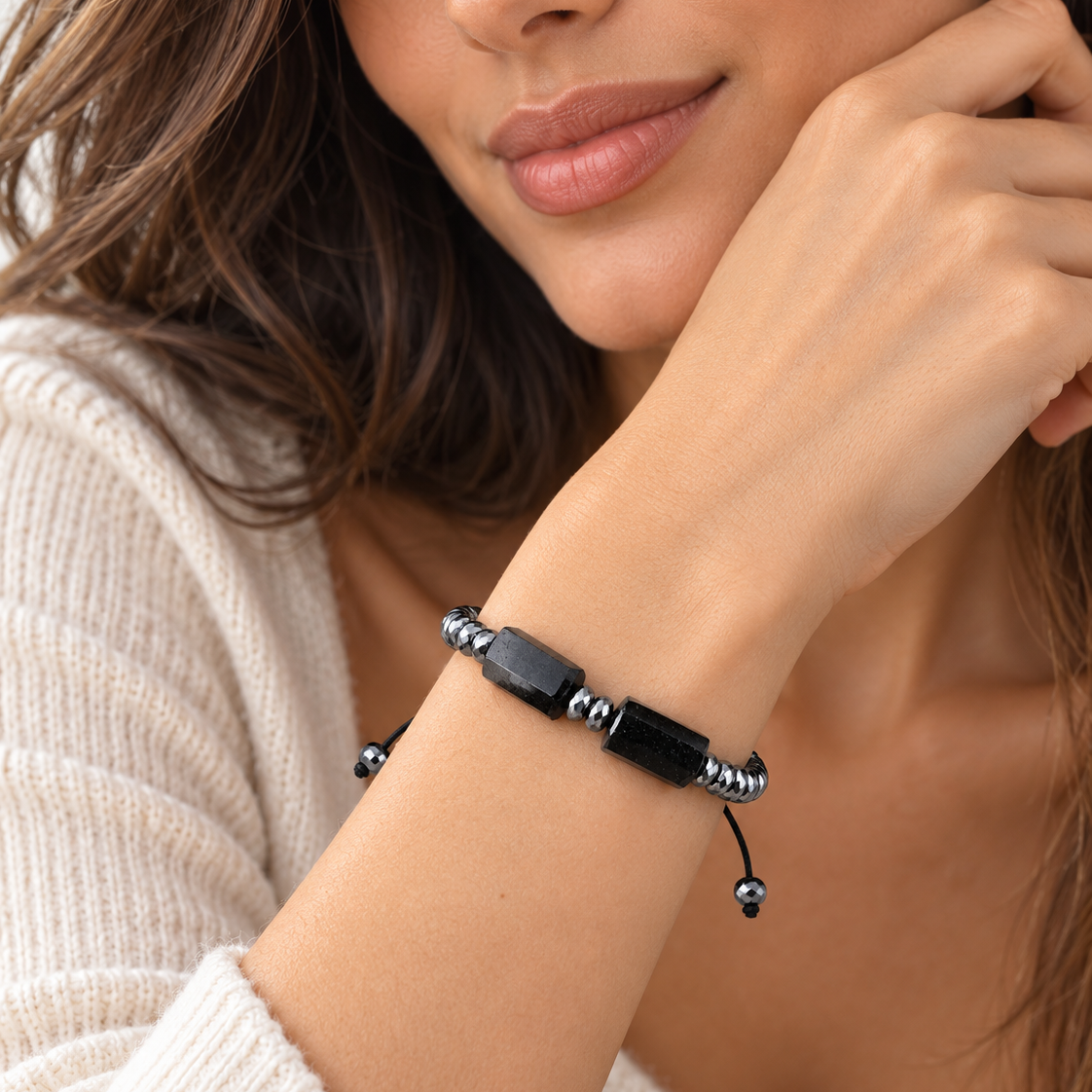 Handmade Natural Black Toumaline & Hematite Gemstone Beads Bracelet