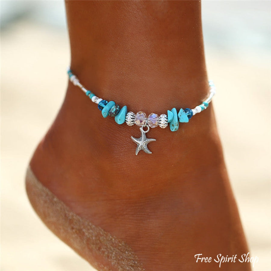 Turquoise & Starfish Charm Beaded Anklet
