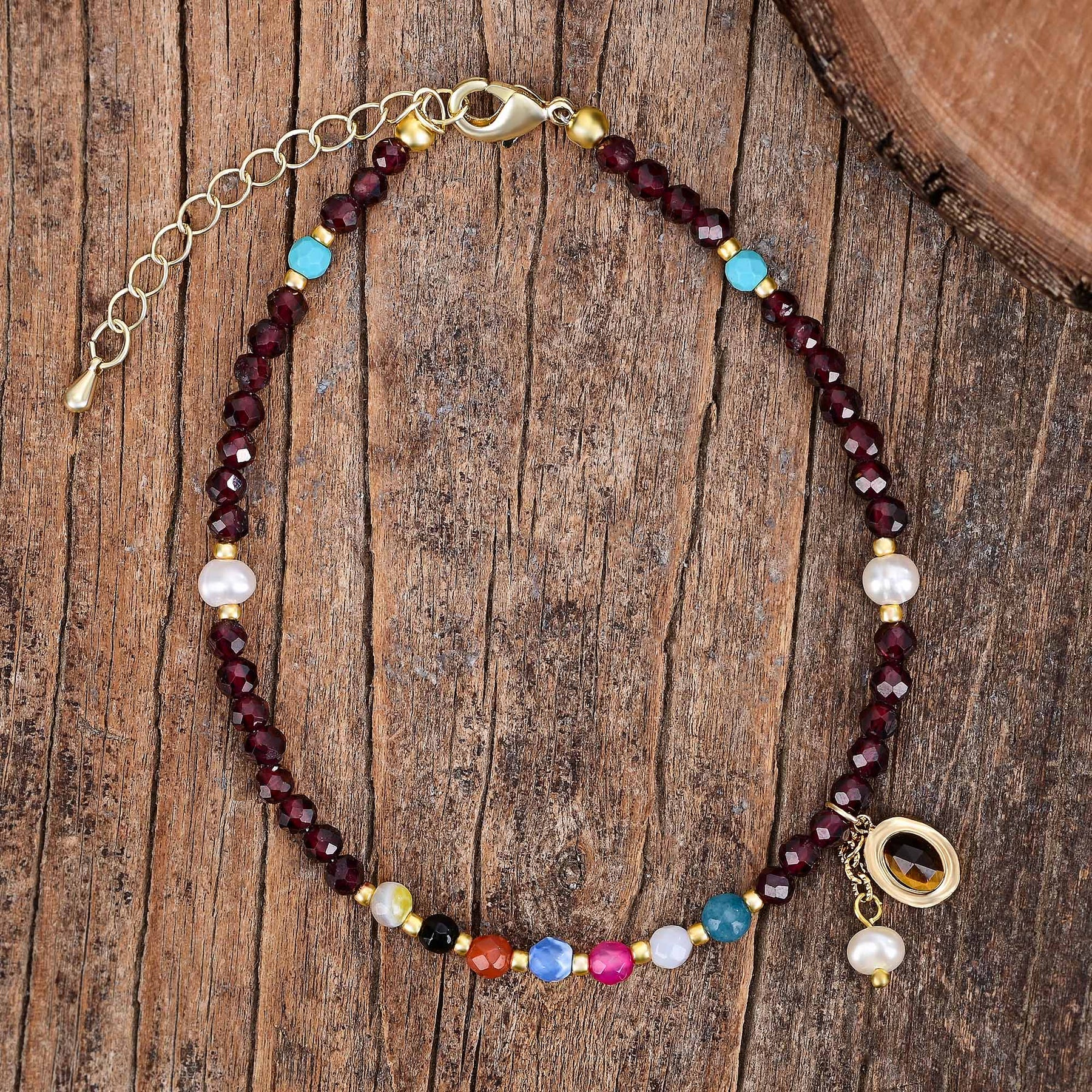 Handmade Garnet & Tiger Eye Bead Anklet