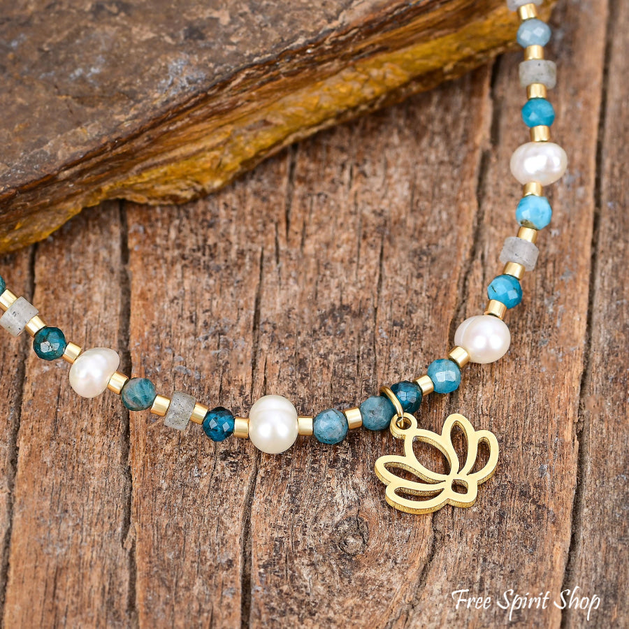 Freshwater Pearl & Apatite Beaded Anklet With Lotus Charm Jewelry >