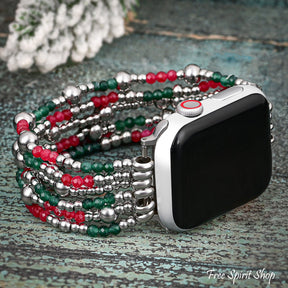 Holiday Sparkle Red Green Beaded Apple Watch Band