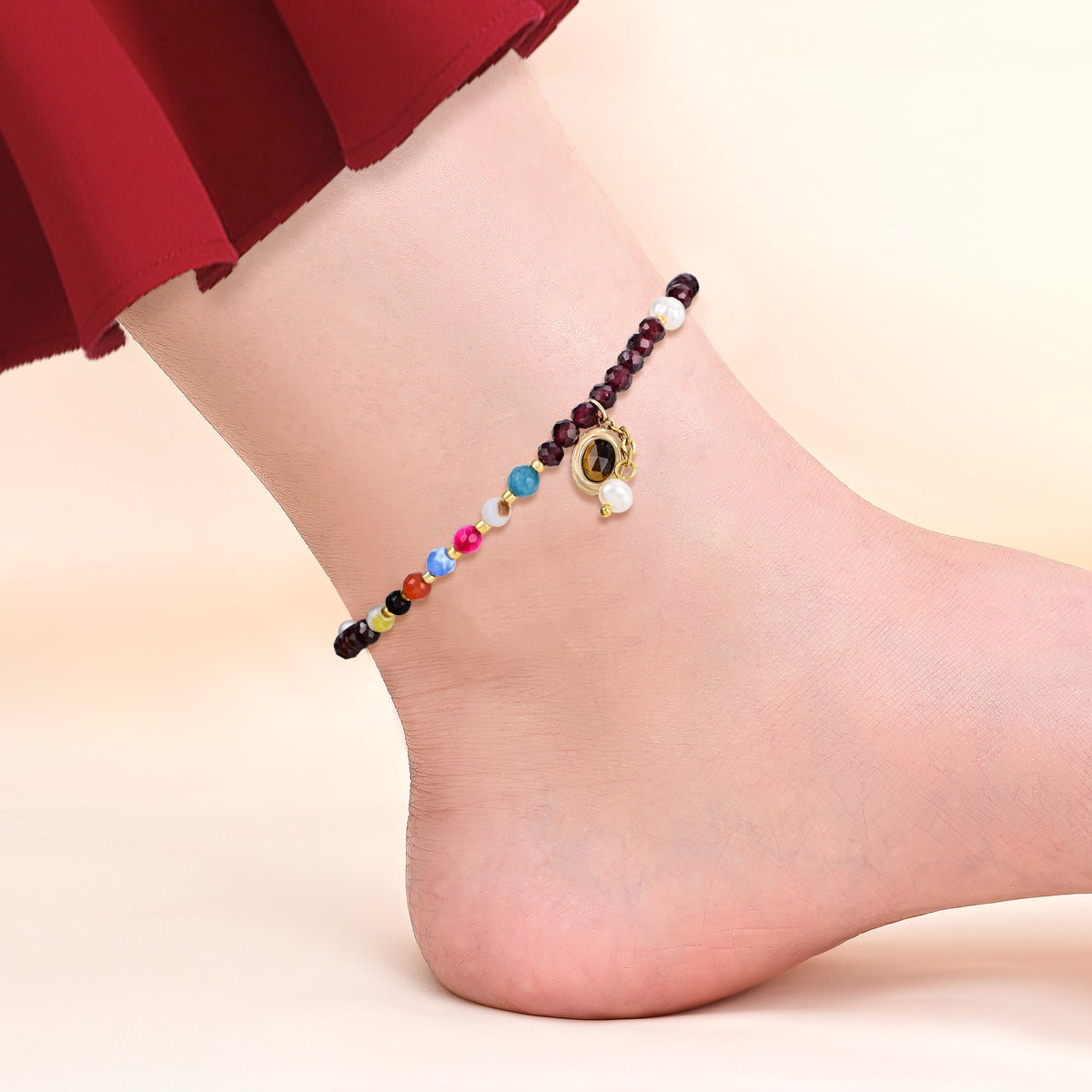 Handmade Garnet & Tiger Eye Bead Anklet