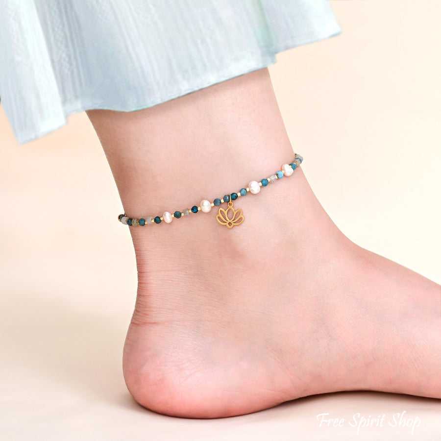 Freshwater Pearl & Apatite Beaded Anklet With Lotus Charm Jewelry >