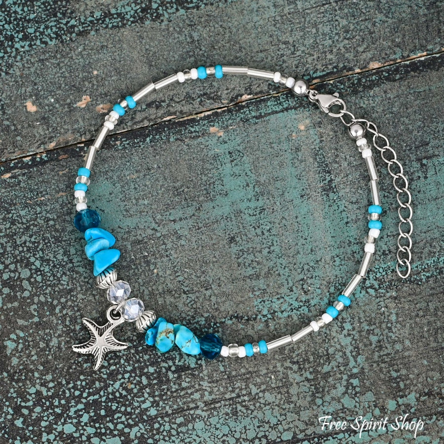 Turquoise & Starfish Charm Beaded Anklet Jewelry >