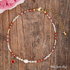 Freshwater Pearl & Red Jasper Beaded Anklet Jewelry >