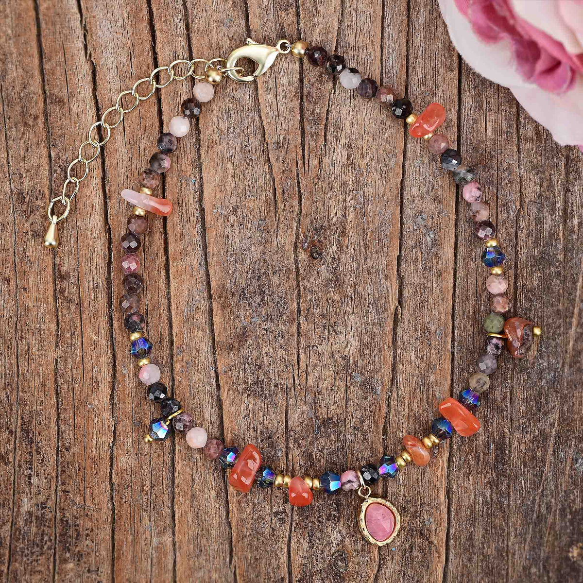 Natural Rhodonite & Carnelian Stone Beaded Anklet