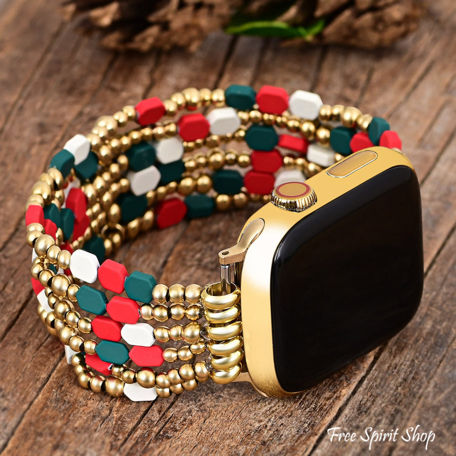 Festive Cheer Christmas Apple Watch Band In Red & Green Smartwatch / Strap > Gemstone Bead Beaded