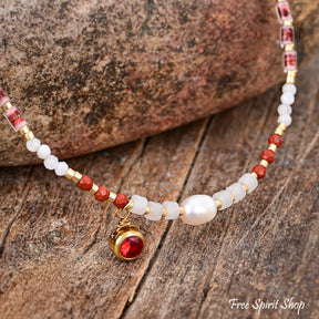 Freshwater Pearl & Red Jasper Beaded Anklet Jewelry >