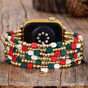 Festive Cheer Christmas Apple Watch Band In Red & Green Smartwatch / Strap > Gemstone Bead Beaded