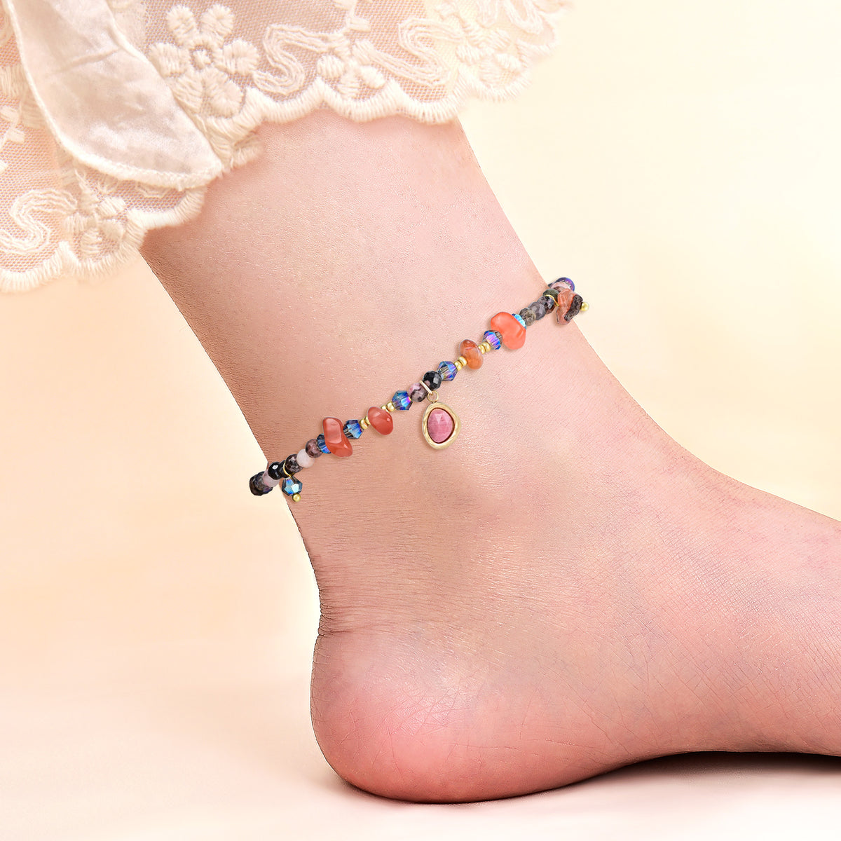 Natural Rhodonite & Carnelian Stone Beaded Anklet