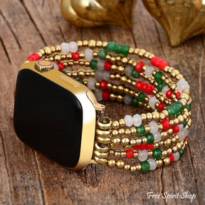 Christmas Charm Red Gold & Green Apple Watch Band Smartwatch / Strap > Gemstone Bead Beaded