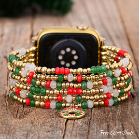 Christmas Charm Red Gold & Green Apple Watch Band Smartwatch / Strap > Gemstone Bead Beaded