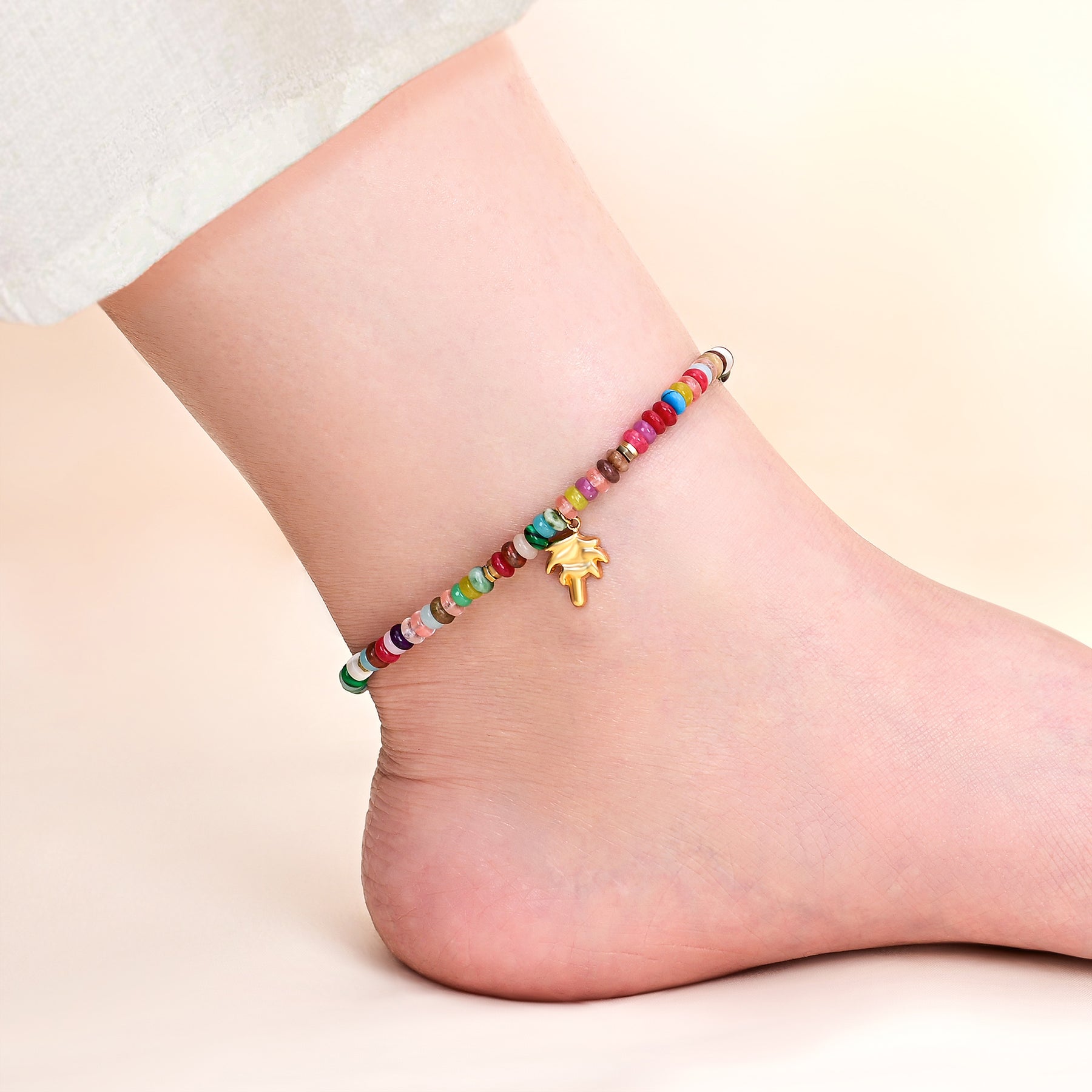 Multicolor Bead Anklet With Palm Tree Charm