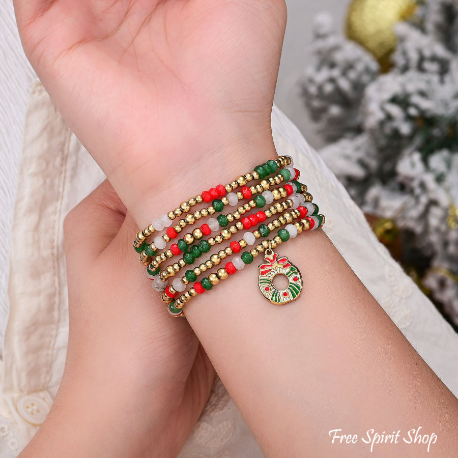 Christmas Charm Red Gold & Green Apple Watch Band Smartwatch / Strap > Gemstone Bead Beaded