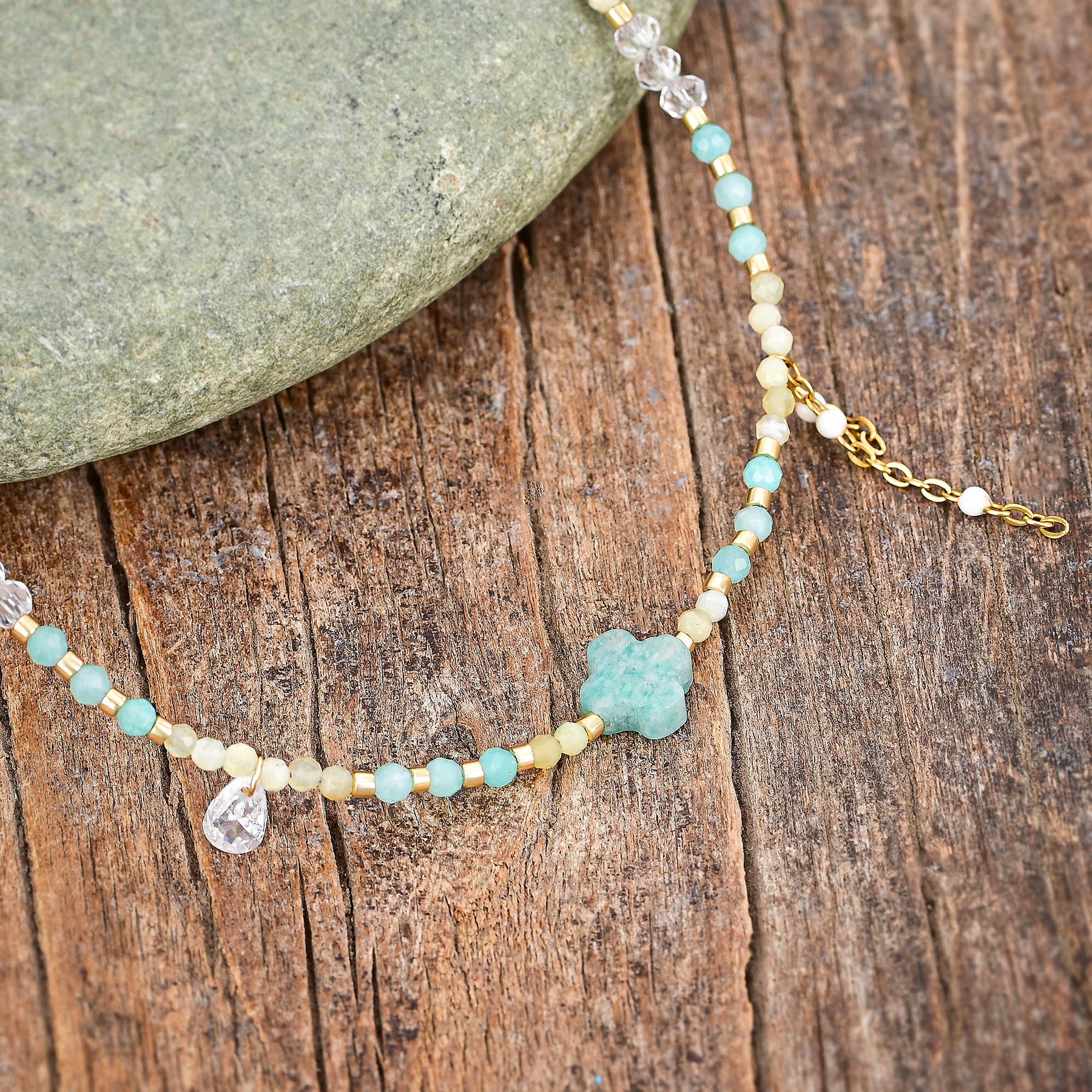 Natural Amazonite Clover & Yellow Citrine Bead Anklet