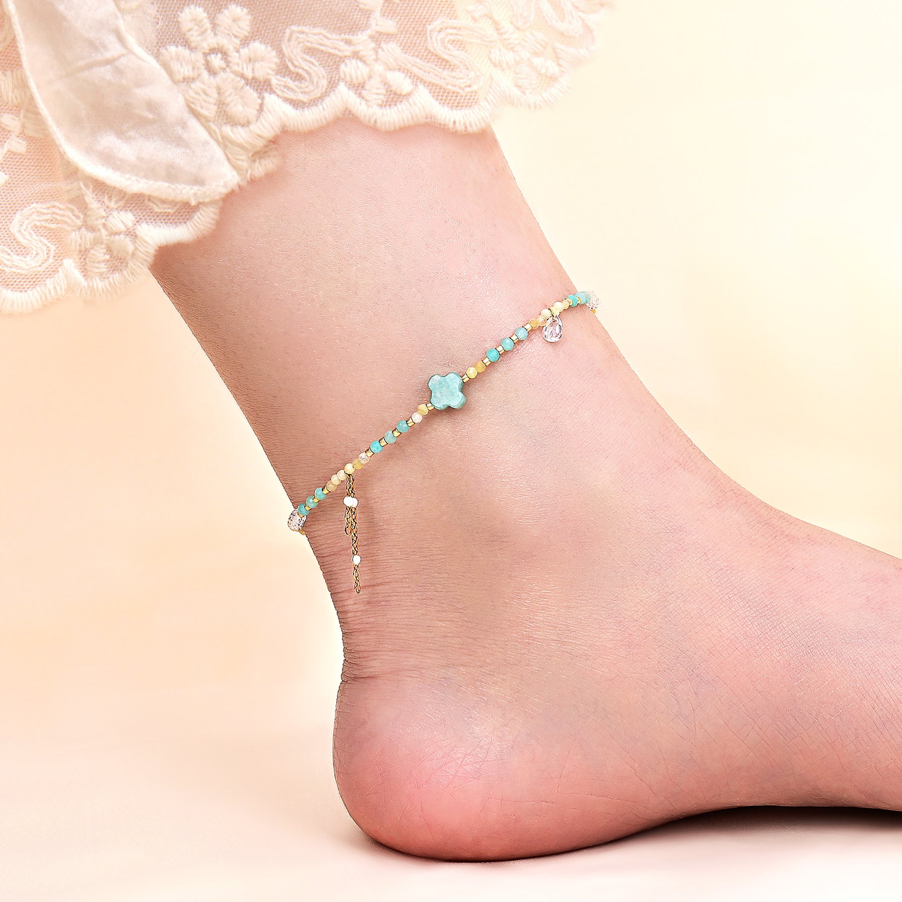 Natural Amazonite Clover & Yellow Citrine Bead Anklet