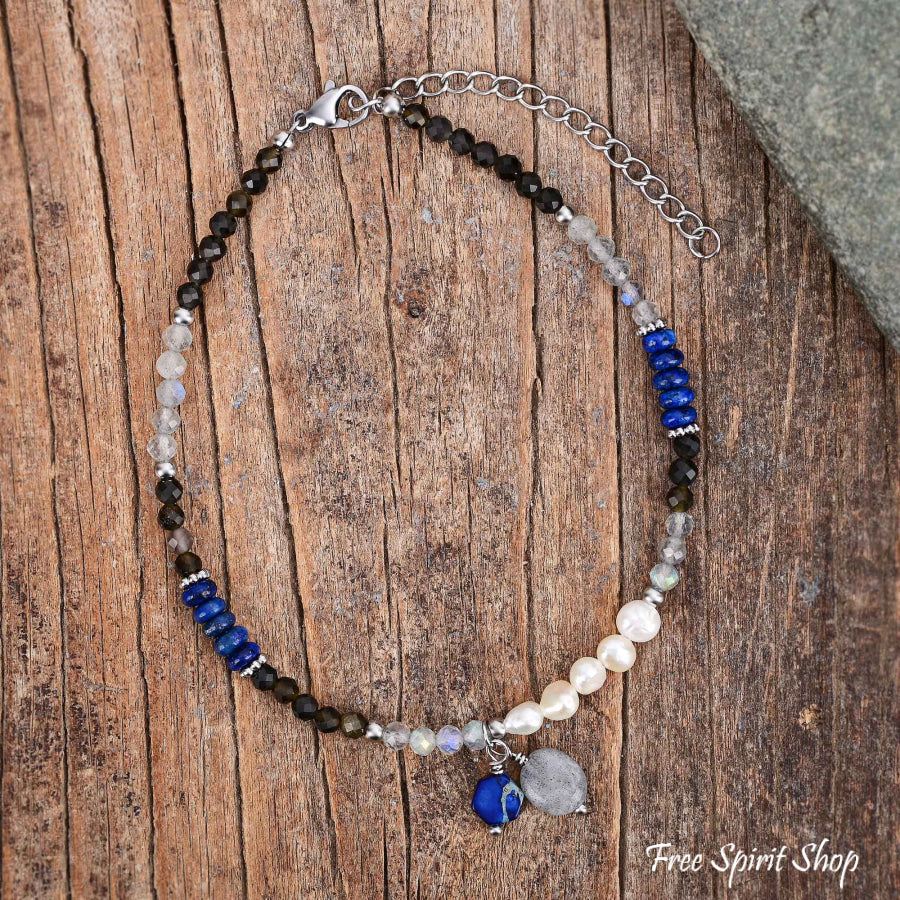 Natural Lapis Lazuli & Labradorite Beaded Anklet with Freshwater Pearls