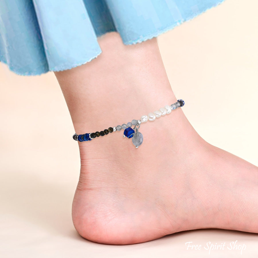 Natural Lapis Lazuli & Labradorite Beaded Anklet with Freshwater Pearls