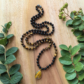 108 Natural Tiger Eye & Black Onyx Mala Beads Necklace / Bracelet
