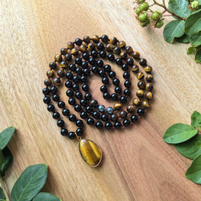 108 Natural Tiger Eye & Black Onyx Mala Beads Necklace / Bracelet