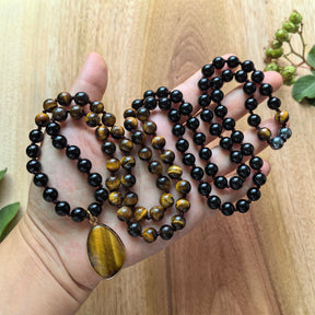 108 Natural Tiger Eye & Black Onyx Mala Beads Necklace / Bracelet