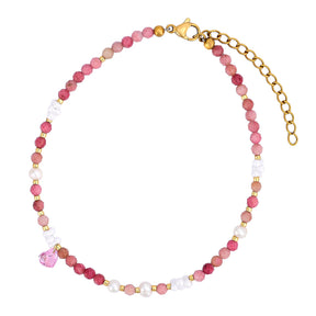 Natural Rhodonite & Pearl Beaded Anklet With Heart Crystal